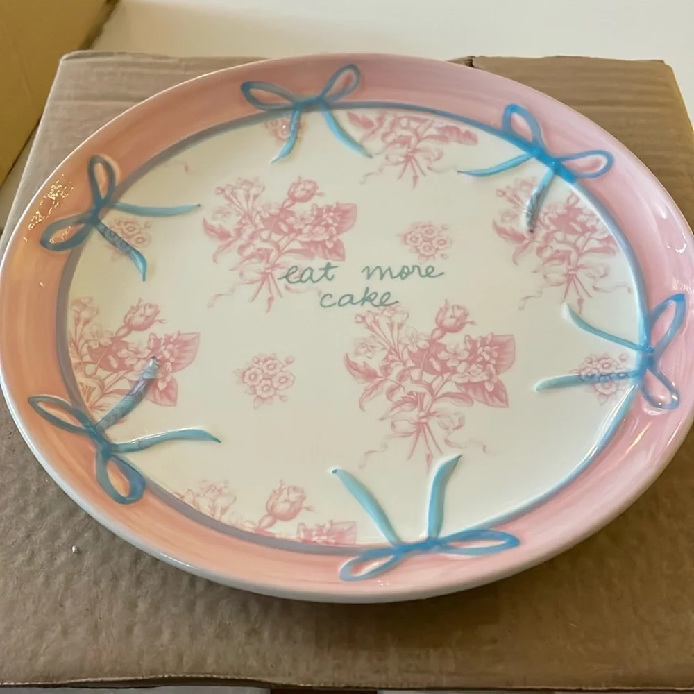 UO Eat More Cake Patterned Dinner Plate with 3D Ribbon Bows and